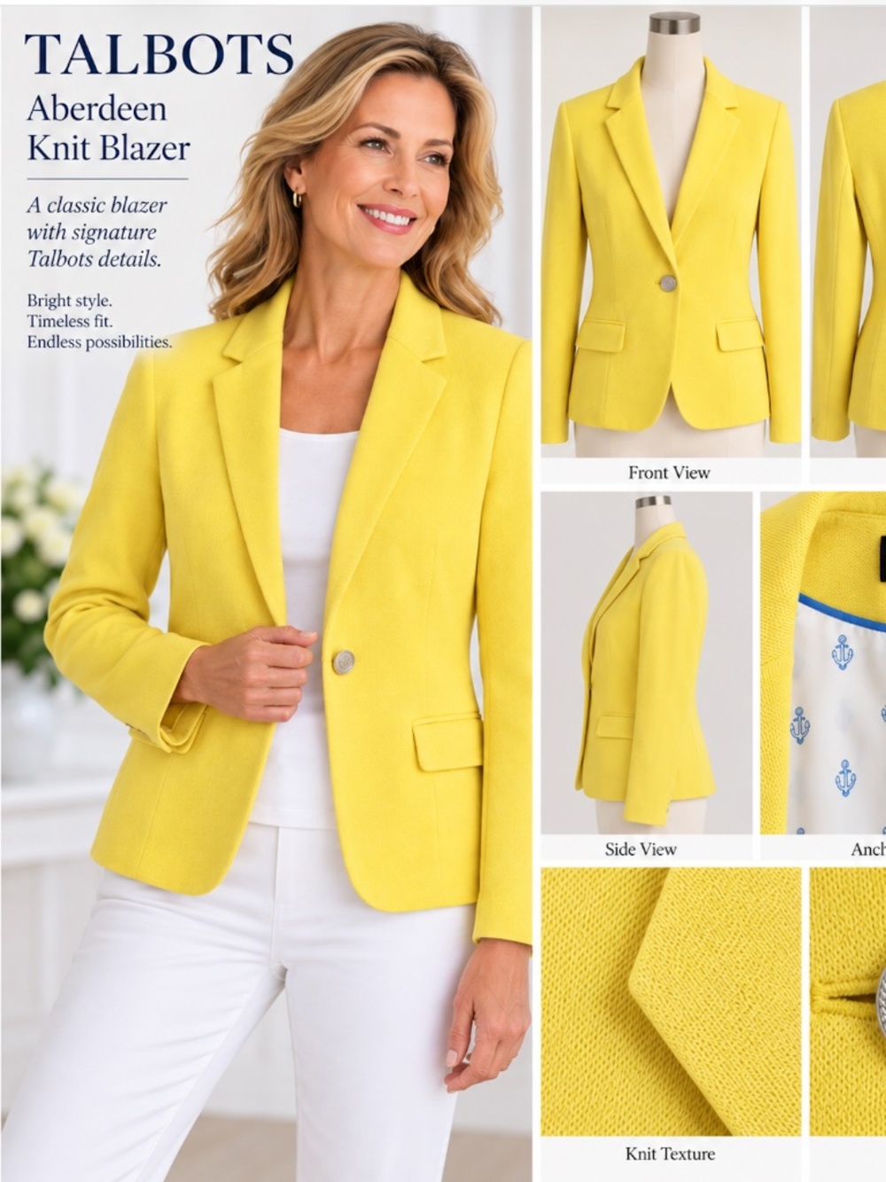 NWT Talbots Aberdeen Yellow Cotton Knit Blazer Anchor Lining Nautical Blazer, 14